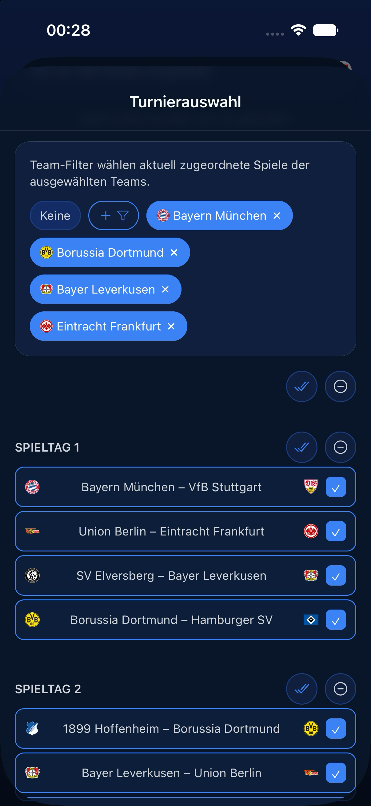 Turnierauswahl und Team-Filter