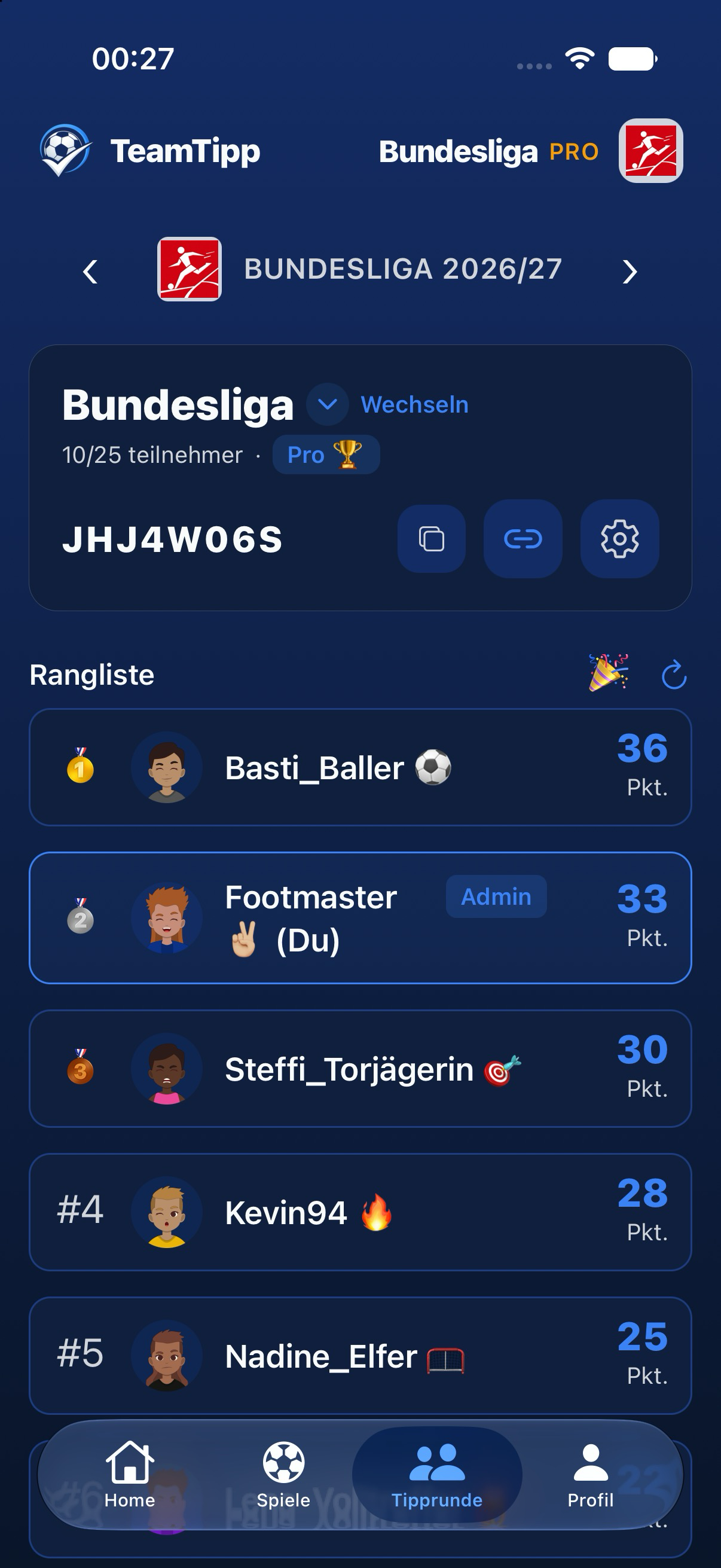 Bundesliga-Tipprunde mit Rangliste